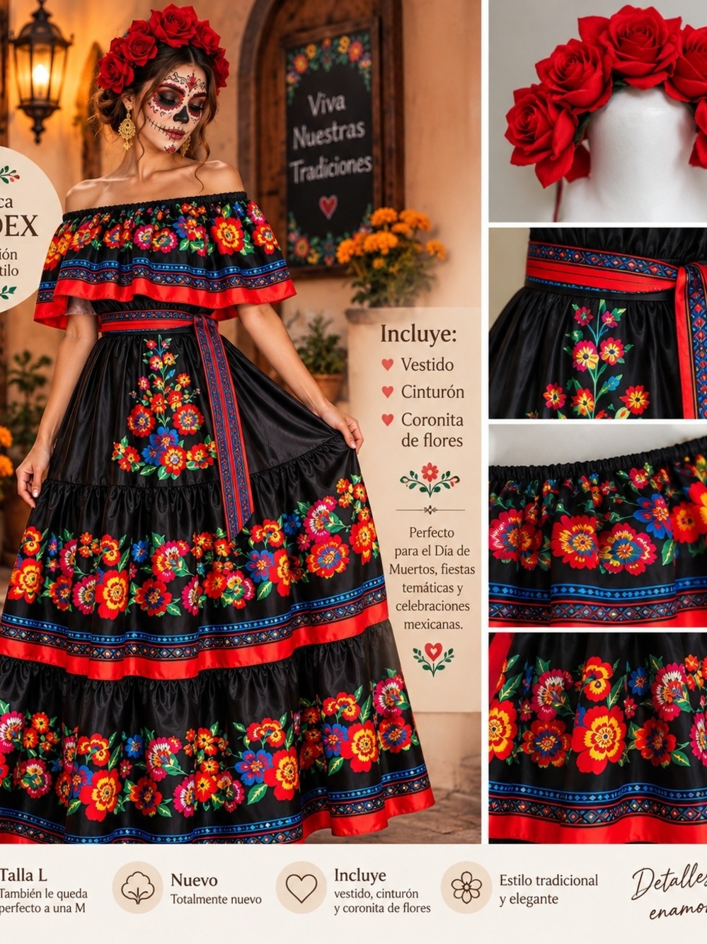 IKADEX Women’s Mexican Floral Dress Size L Day of the Dead Costume w/ Crown